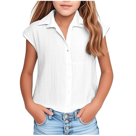 DxhmoneyHX Girls Button Down Shirts Kids V Neck Lapel Short Sleeve Dress T Shirts Casual Comfy Summer School Uniform Blouse Age 3-14 Years