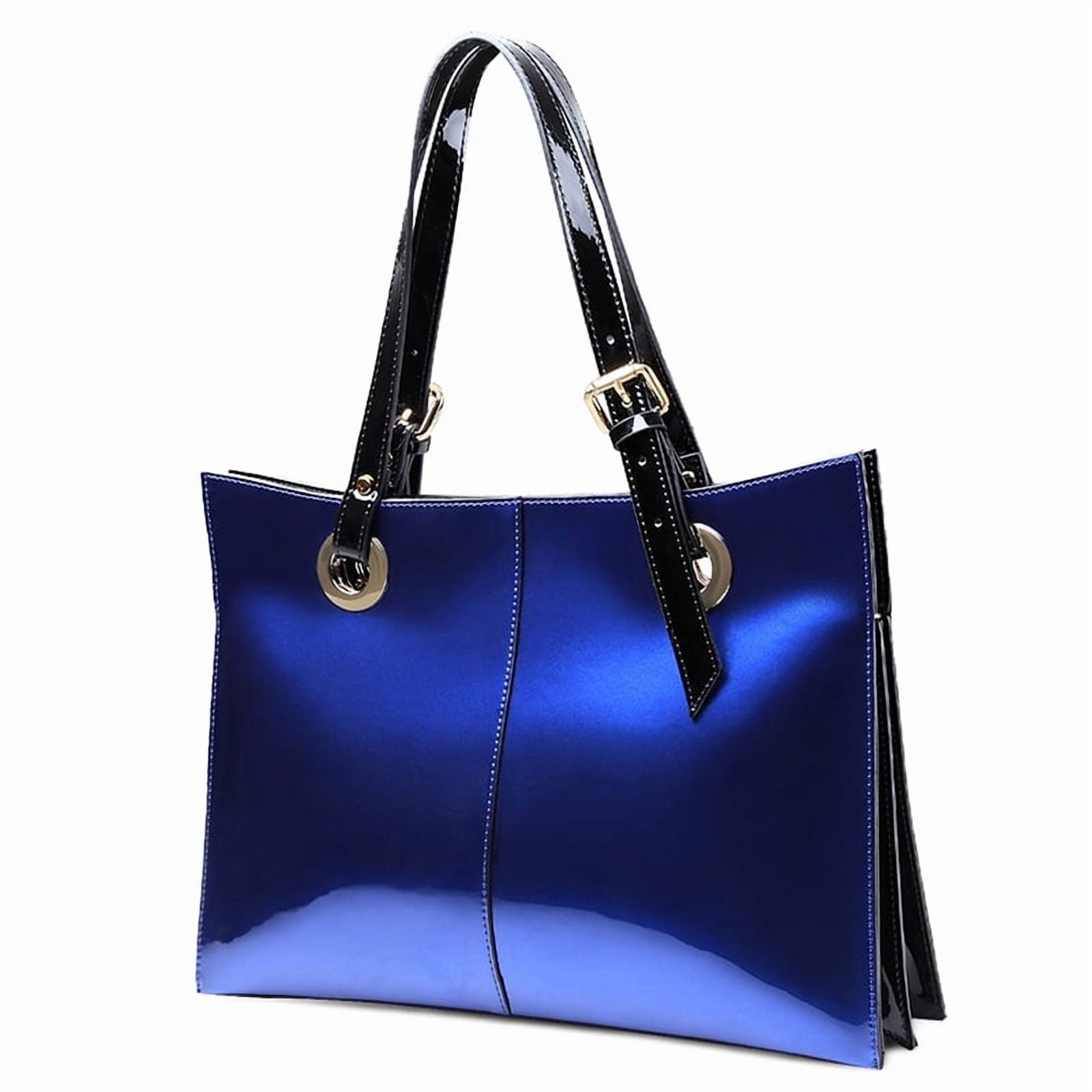 FEIMINA Patent Leather Shoulder Bag For Women, Luxury Designer Handbags Women,Genuine Shiny Large Leather Bag, Retro Dark Blue tote bag Purse