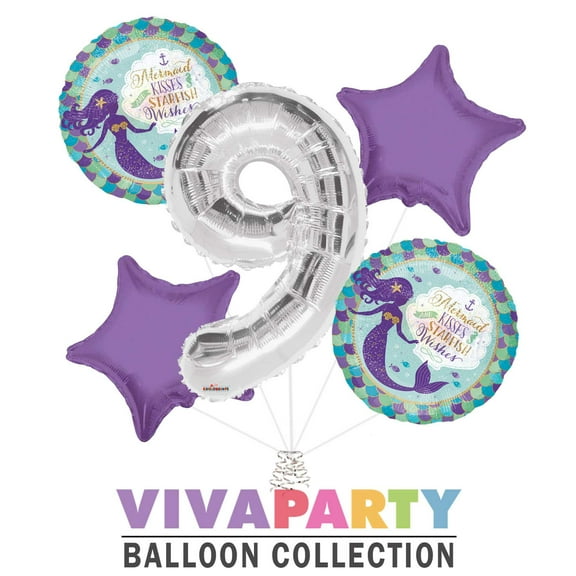Mermaid Kisses and Starfish Wishes Round Balloon Bouquet 5 pc, 9th Birthday, Silver Number 9 Jumbo Balloon | Viva Party Balloon Collection