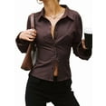 thumbnail image 3 of Women'S Button Down Shirts Striped Long Sleeve Collared Casual Work Blouses Tops Trendy Outfits Dark Brown L, 3 of 9