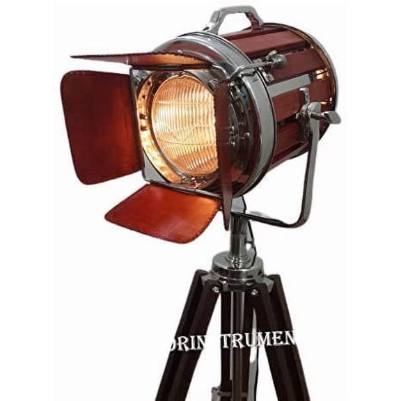 Designer Chrome and Red Leather Spot Light With Brown Heavy Wooden Tripod Stand