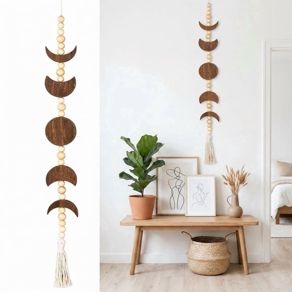 Moon Phase Wooden Beaded Wall Hanging with Tassel, Spiritual Boho Wall Decor, Ideal Gift for Living Room Bedroom Farmhouse, Brown