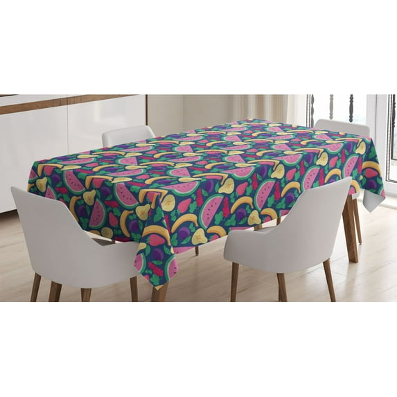 Fruit Tablecloth, Hipster Style Summer Freshness Watermelon Banana Plum Grapes Vibrant Organic Graphic, Rectangle Satin Table Cover for Dining Room and Kitchen, 60" X 90", Multicolor, by Ambesonne