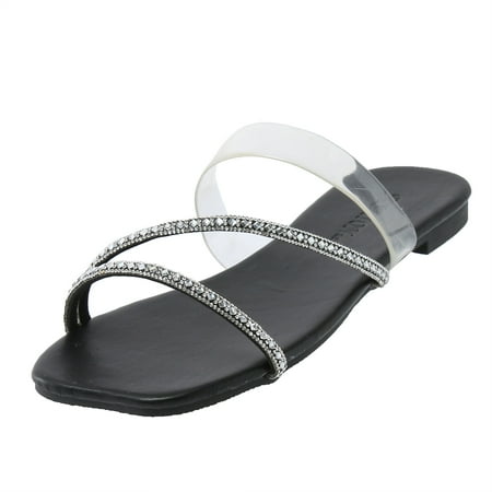 

CLZOUD Dress Wedge Sandals Black Ladies Fashion Transparent Strap Rhinestone Flat Open Toe Casual Sandals 37