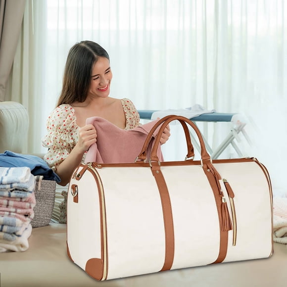 Gran Bolso Duffle de Cuero para Mujeres, Maleta Colgante Convertible 2 en 1 con Bolsa para Zapatos, Tote de Viaje con Múltiples Bolsillos para Trajes, Vestidos y Viajes de Negocios.