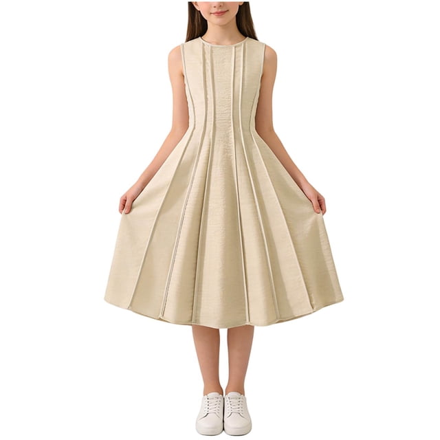Vestido sin mangas con cuello redondo para niña, color liso, sin mangas, cuello redondo, talla mediana a grande, informal y cómodo, de poliéster.