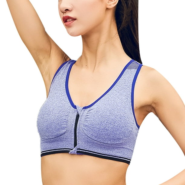 Women's Front Zipper Closure Sports Bra Padded Push Up Wirefree Crop Top  Gym Fitness Running Bra Size XL (Blue)