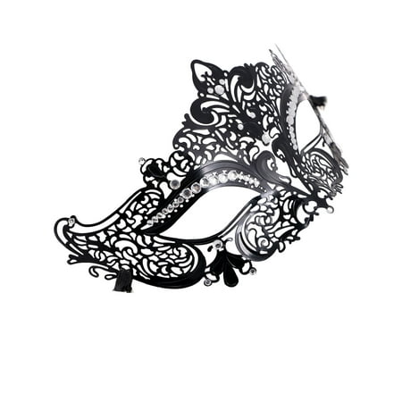 Laser Cut Metal Venetian Pretty Party Masquerade Mask, Black Clear Diamond