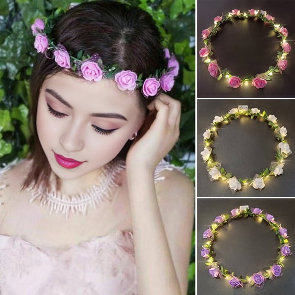 Skymirror Romantic Glowing Wreath LED Light Rose Flowers Hairband Headpiece Wedding Party Girl Birthday Favor Luminous Hair Garland
