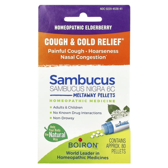 Boiron Sambucus Nigra 6C Single Pack, Homeopathic Medicine for Cough & Cold Relief, Painful Cough, Hoarseness, Nasal Congestion, 80 Pellets