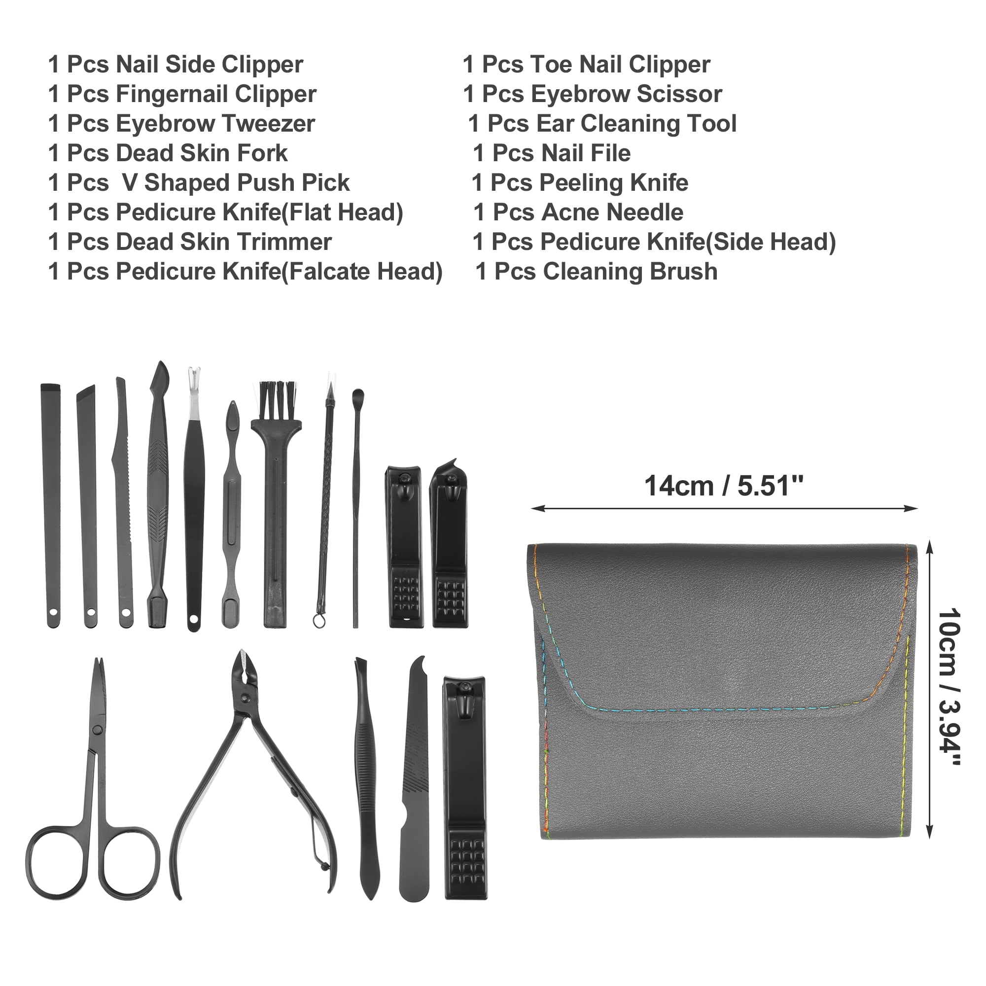 Unique Bargains 16 pcs Manicure Set with Gray PU Case Personal Care Stainless Steel Black