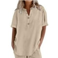 thumbnail image 2 of Olyvenn Linen Shirts for Women Trendy 2025 Plus Size Short Sleeve Button V Neck Summer Tops Casual Oversized Tshirt Blouses Beige XXL, 2 of 5