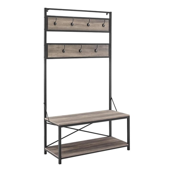 Pemberly Row Industrial Inspired 40" Rustic Wood Hall Tree in Grey Wash Finish