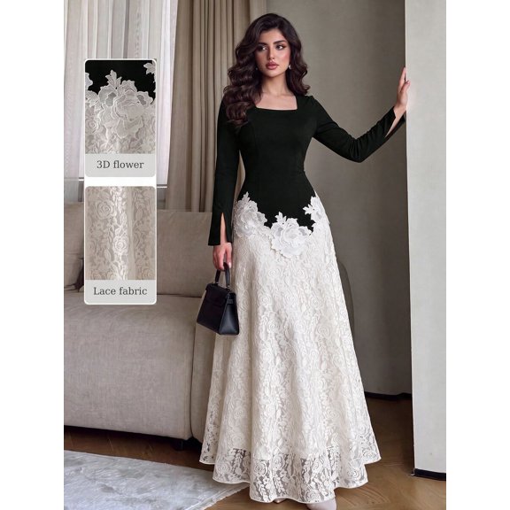 Multicolor Womens Elegant Black and White Lace Maxi Dress with Square