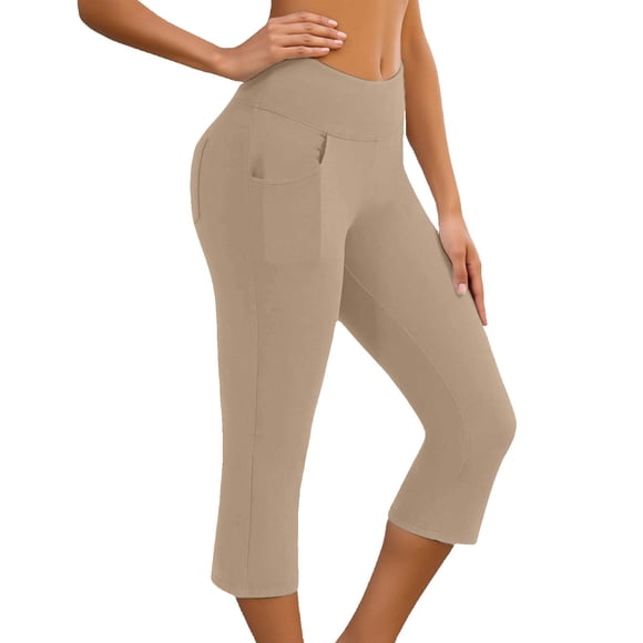 Gpoecd Pantalon Capri à Jambe Grand pour Femmes, Taille Haute, Pantalon de Yoga Décontracté avec Poches Latérales, Couleur Unie, Pantalon Capri d'Entraînement avec Poche Arrière, Effet Lift, Pantalon de Survêtement à Jambe Droite pour Femmes, Kaki, m
