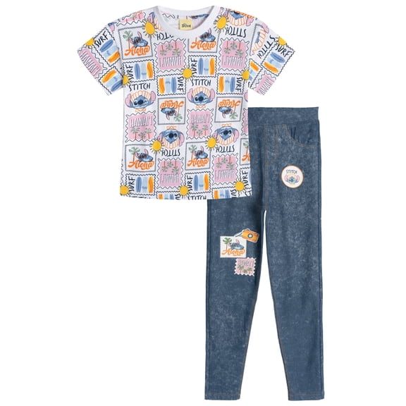 Disney Lilo & Stitch Big Girls' 2-Piece T-Shirt and Denim Leggings Set White