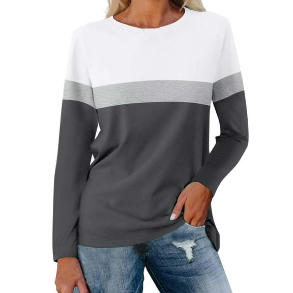 Yigetop Womens Tops Women's Color Block Tunic Tops Casual Long Sleeve Shirts Round Neck Pullover Colorblock Tops for Women Grey L