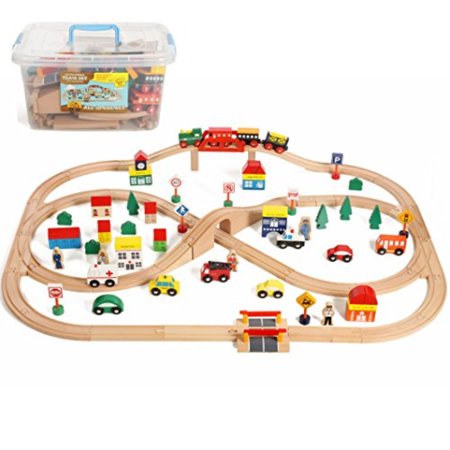 On Track USA 100 Piece All In One Wooden Train Set With Accessories, Comes In A Clear Container, Compatible With All Major Brands
