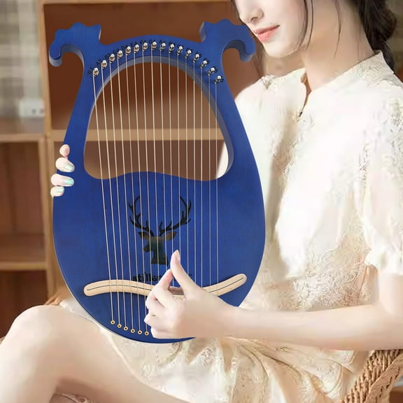 Modern 16 Metal String Harp Lyre Harp Solid Wood Mahogany with Tuning Wrench Gift Blue 10.2*1.1*15.4in for Children, Beginners, Adults