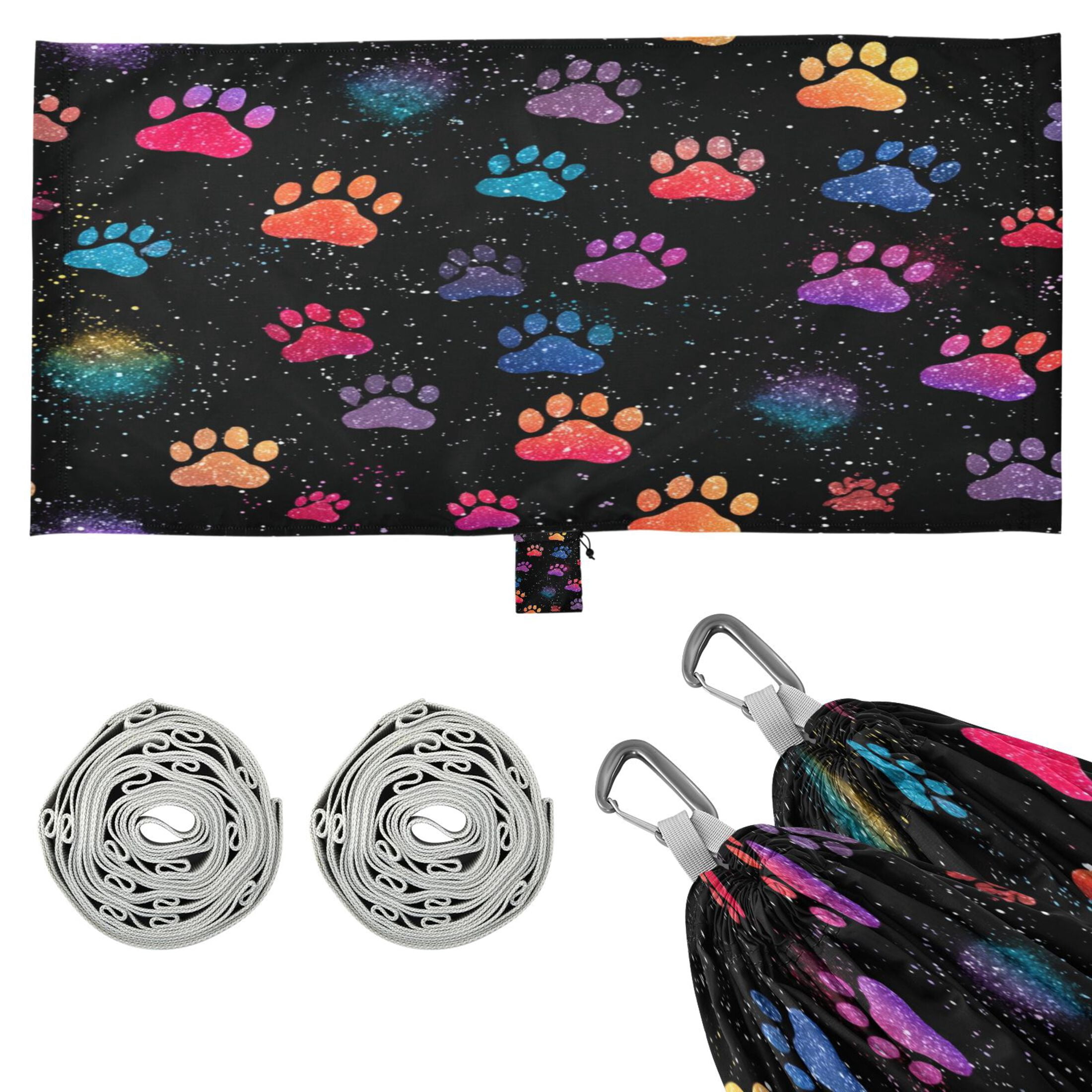 Hanging Hammock Portable Travel Camping For Outdooor Beach Camping Hiking Colorful Paw Print Pattern with A Galaxy Design