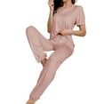 thumbnail image 2 of FRSASU Women 2 Piece Pajamas Solid Sets Short Sleeve Tops and Pants Pajama Set Comfy Sleepwear Loungewear Pink, 2 of 4