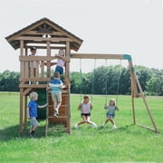Backyard Discovery Lightning Ridge Cedar Wood Swing Set, Slide, Deck, Rock Wall, Sandbox