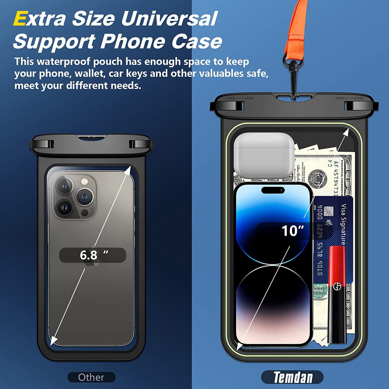 2 Pcs Floating Waterproof Phone Pouch,[Up to 10" Large] Universal IPX8 Cell Dry Bag with Lanyard for iPhone 16 Pro Max/16E/15/14/13/12/11,Galaxy S25 Ultra/S24/S23 Vacation