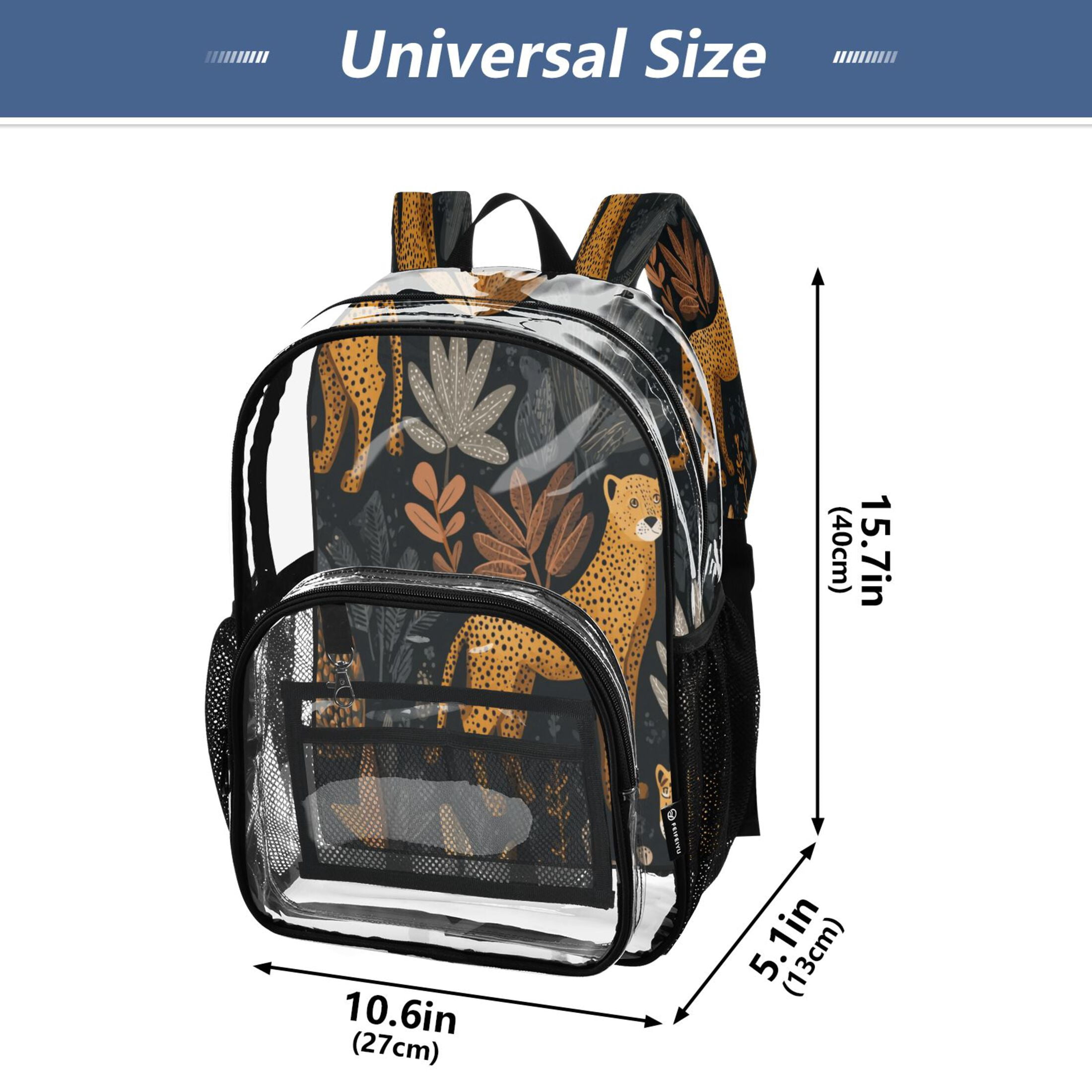 PVC Transparent Backpacks Clear Backpack for Travel and Outings Cheetahs and Jungle Foliage Pattern