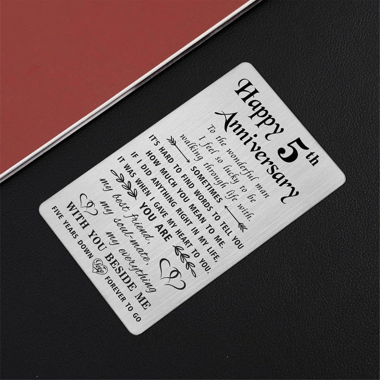TANWIH Happy 5th Anniversary Card, 5 Year Anniversary Gift for Him Men, Metal Wallet Insert, Silver