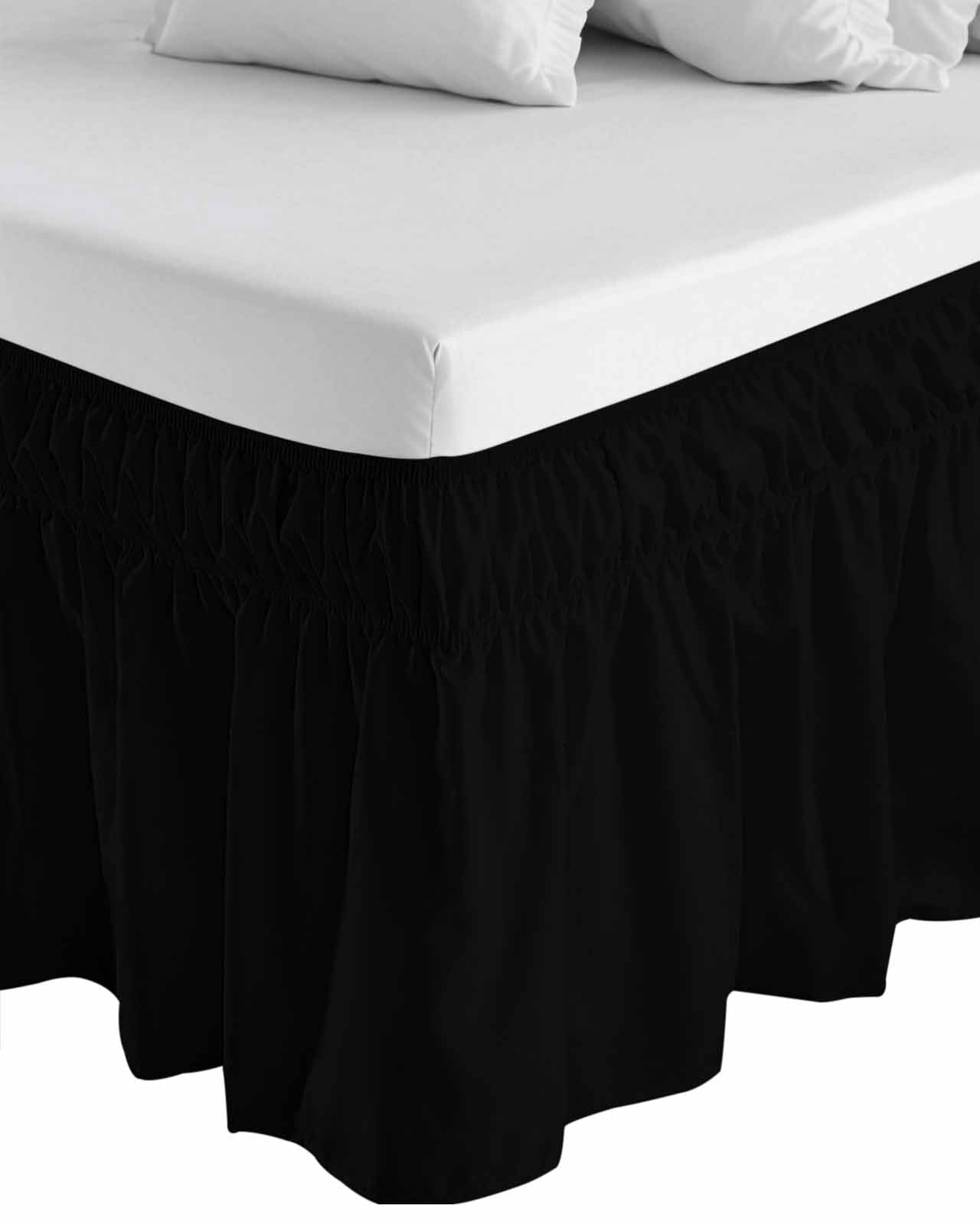 Black Bed Skirt Cal King Size, Pure Black Wrap Around Bed Skirting with Adjustable Elastic Strap, Dust Ruffled Pleated Bedskirts 18 Inch Drop for Bedroom Cal King Beds
