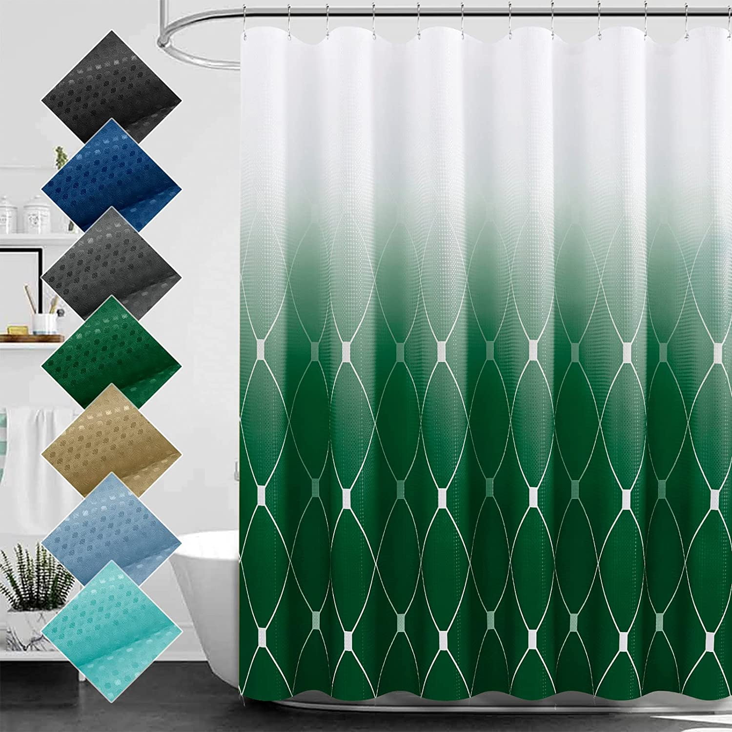 Emerald Green Shower Curtain for Bathroom, Ombre Waffle Weave Textured