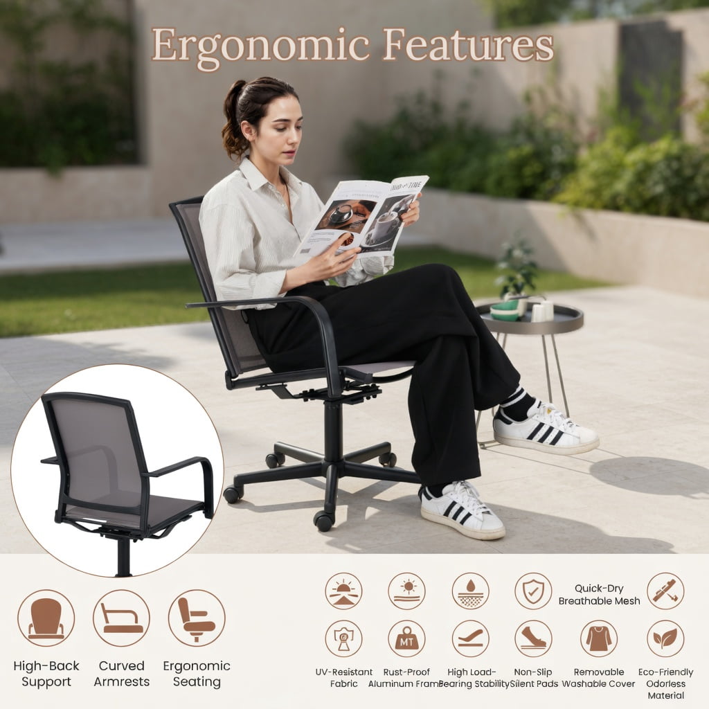 Hommoo 2-Piece Outdoor Swivel Chair Set, High-Back, Breathable Mesh Seat, 360° Rotating & Gentle Rocking, Metal Patio Chairs for Deck, Porch & Garden, Gray