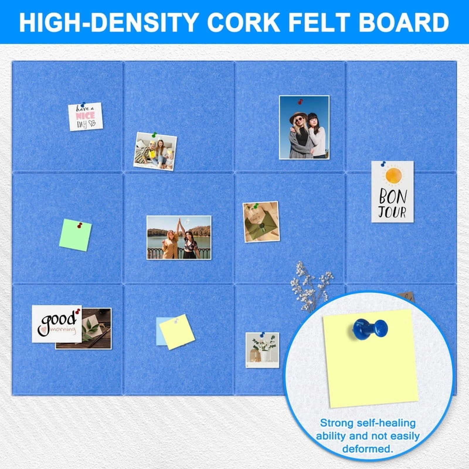 Large Cork Bulletin Board, 48"x36" Cork Board Wall Tiles 12 Packs 1/2" Thick Corkboards for Walls Safe Adhesive Acoustic Panels Soundproof Pin Board with 120 Pushpins, Blue