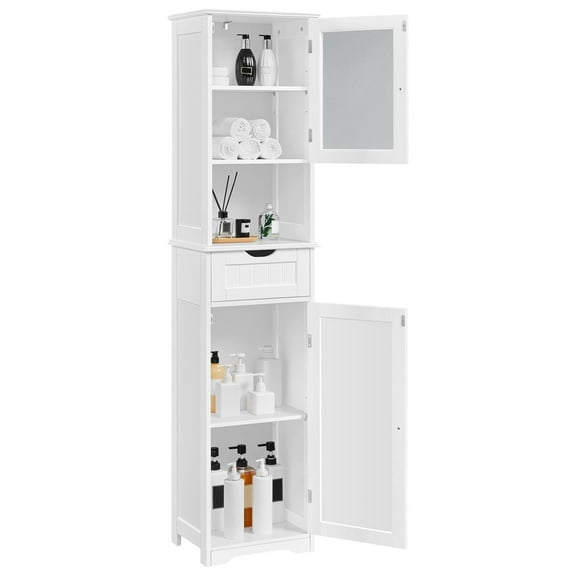 AIZYT Tall Bathroom Storage Cabinet 67″, Wooden Floor Cabinet with Glass Door, Freestanding StorageOrganizer with Adjustable Shelves, 1 Drawer and Open Storage for Bathroom, Kitchen, Living Room