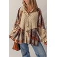 thumbnail image 2 of Boho Women's Patchwork Plaid Shacket in Ashleigh Blue – Distressed Waffle Knit with Long Ruffled Sleeves for Fall Outings | M, 2 of 5