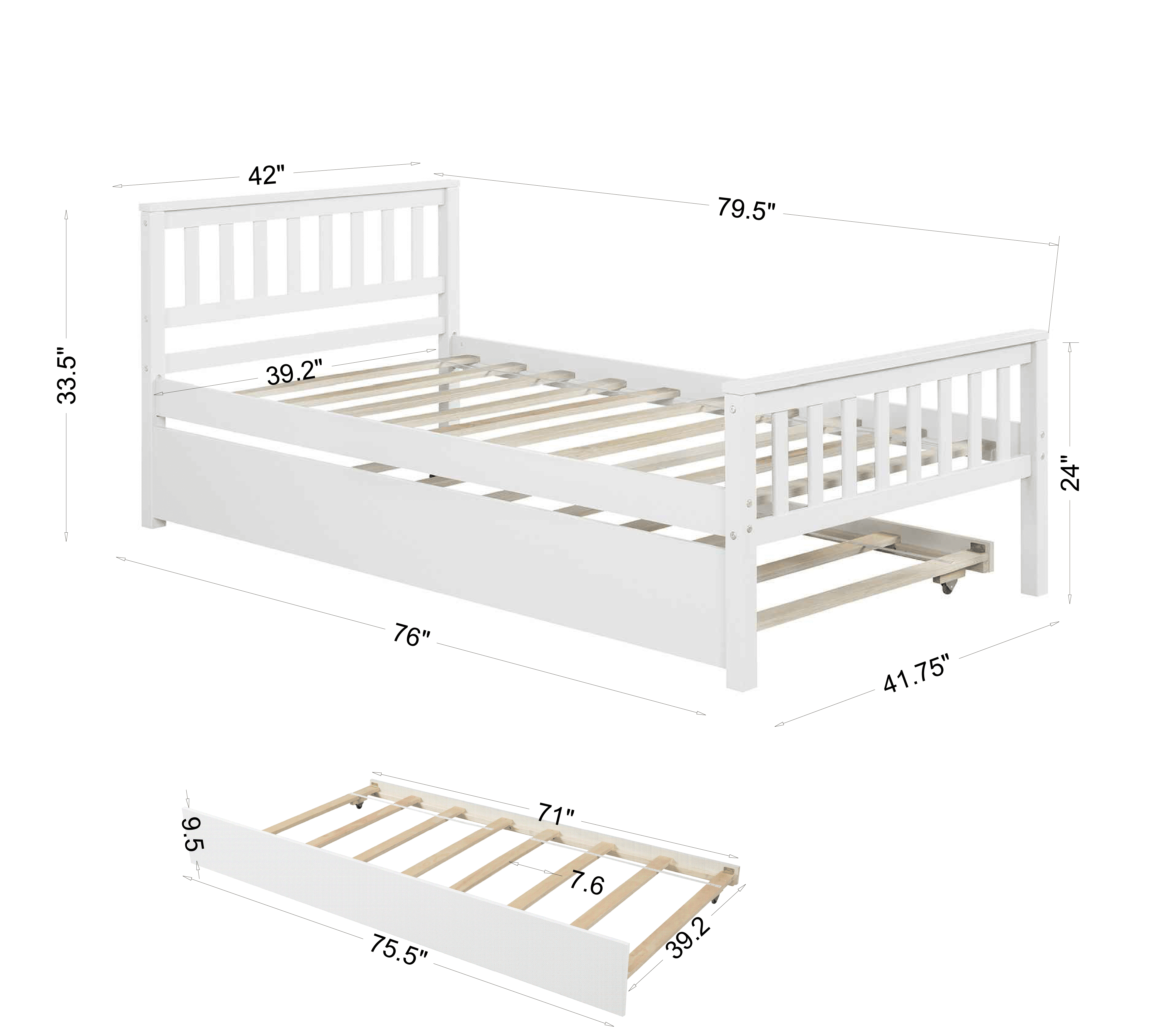 Sailvan Twin Bed with Trundle, Solid Wood Platform Bed Frame with Headboard, No Box Spring Needed White