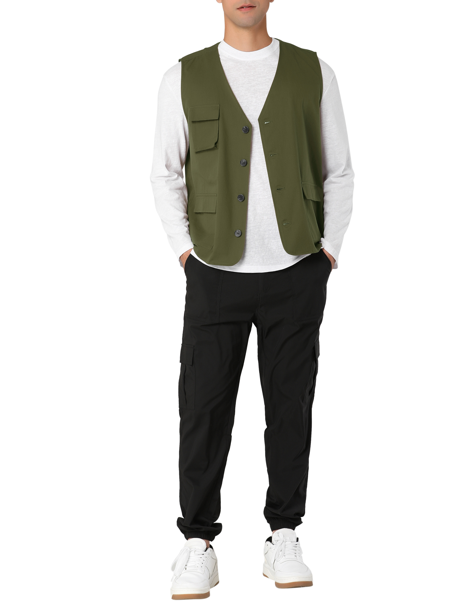 MODA NOVA Big & Tall Men's Waistcoats Casual Cotton Sleeveless Pockets Button Down V Neck Cargo Vests Green LT - image 2 of 5