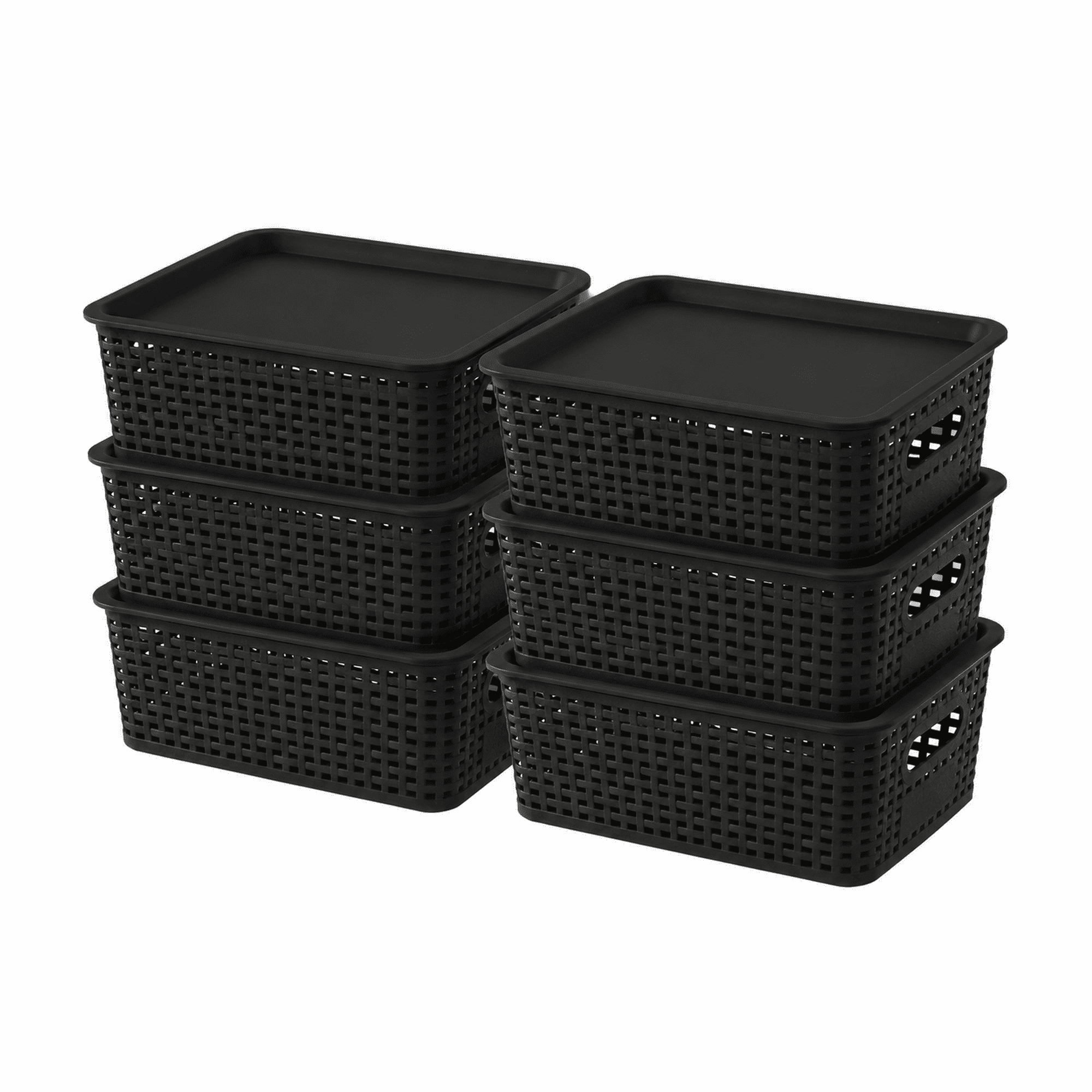 Carestrong 6 Pack Storage Bins Plastic Storage Baskets With Lid Small Baskets for Organizing Stackable Storage Container Organizer Bins for Shelves Drawers Desktop Playroom Classroom Office Black