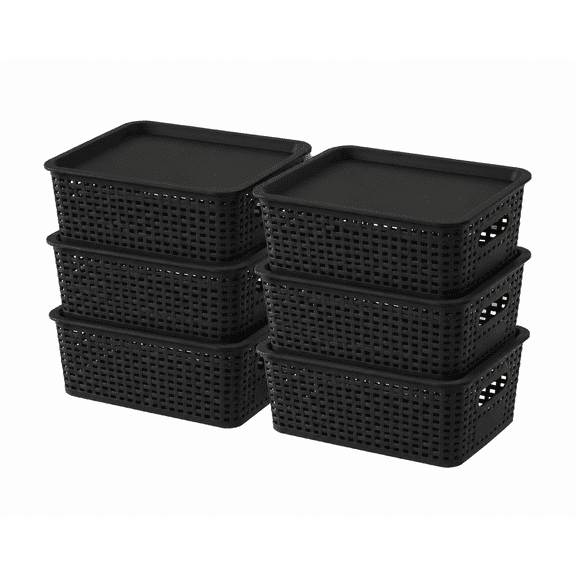 Carestrong 6 Pack Storage Bins Plastic Storage Baskets With Lid Small Baskets for Organizing Stackable Storage Container Organizer Bins for Shelves Drawers Desktop Playroom Classroom Office, Black