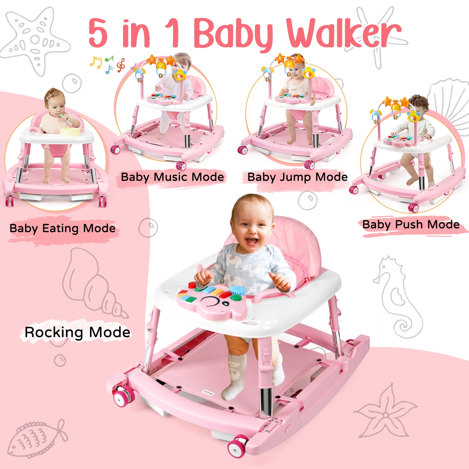 5-in-1 Foldable Baby Walker with Music & Lights – Adjustable Height, Wheels & Bouncer, Portable Toddler Walker for Baby Girls 6-18 Months, Pink