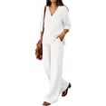thumbnail image 5 of Breathable Cotton Linen 2 Piece Set, Women's V-Neck 3/4 Sleeve Top & High Waist Wide Leg Pants Casual Outfit, White L, 5 of 8