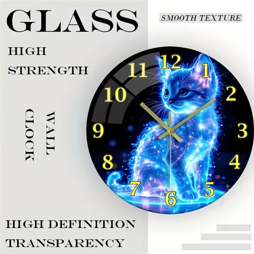 VOCOO 12 Inch NeonCat Glass Wall Clock, Non-Ticking, Battery Operated,Silent Quartz Easy-to-Read for Home, Office, Kitchen Decor