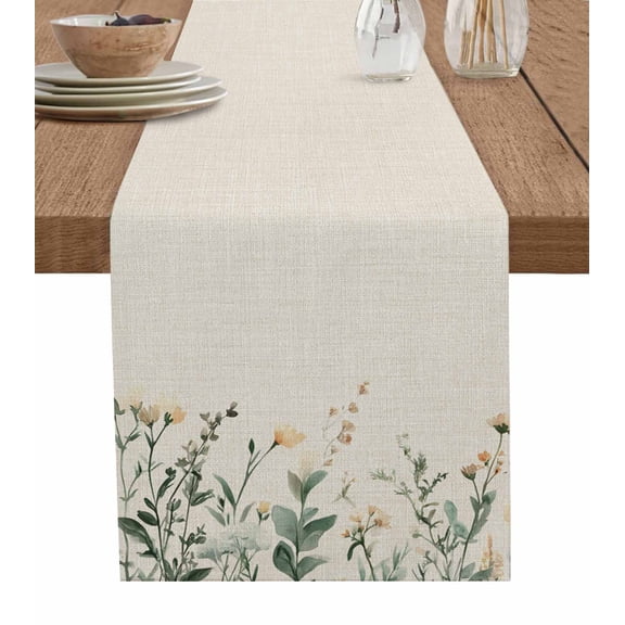 Elegant Spring Floral Burlap Cotton Table Runner 13x36 Inches Short, Pastoral Summer Flower Rustic Farmhouse Table Runners, Outdoor Dining Tablecloths Decor for Baby Shower/Party/Wedding