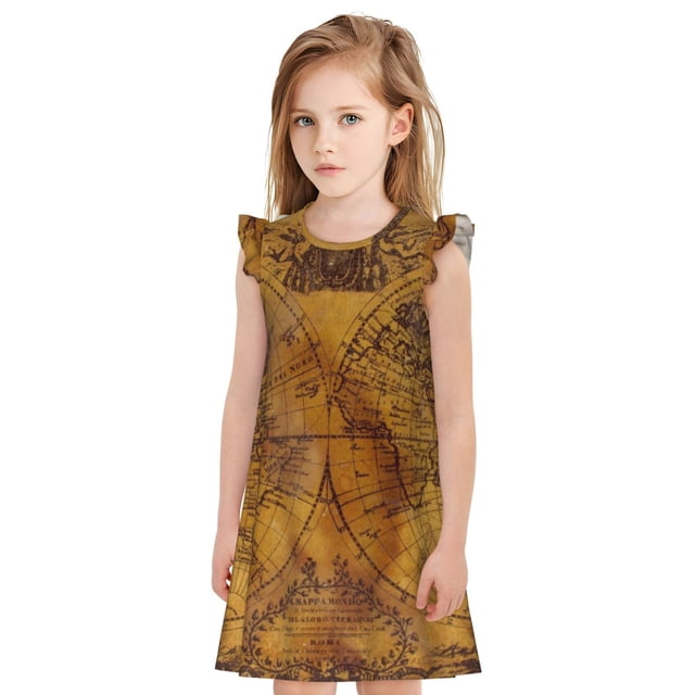 Fotbe Vintage Map Vestido de Dormir para Niñas de 3 a 10 Años, Mangas Cortas, Estilo Princesa, Pijama Camisón con Mangas Voladas-Medium