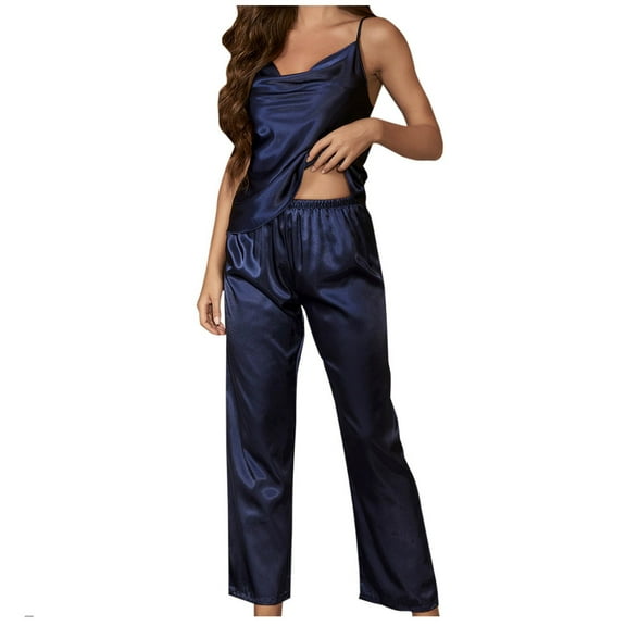 YWDJ Matching Pajama Set for Women Lightweight Solid Sleeveless Tank Tops 2 Piece Long Pants Loungewear S Blue
