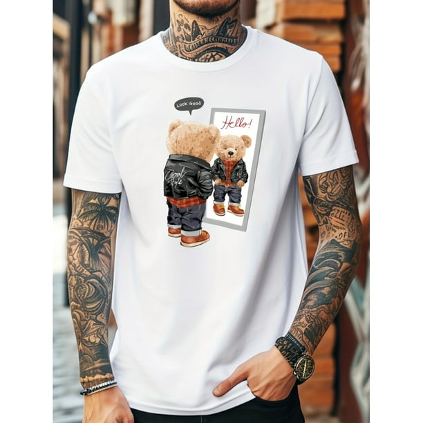 Camiseta informal de manga corta para hombre con estampado de oso - Mezcla de algodón transpirable, corte elástico, lavable a máquina - Perfecta para verano, moda masculina, deporte