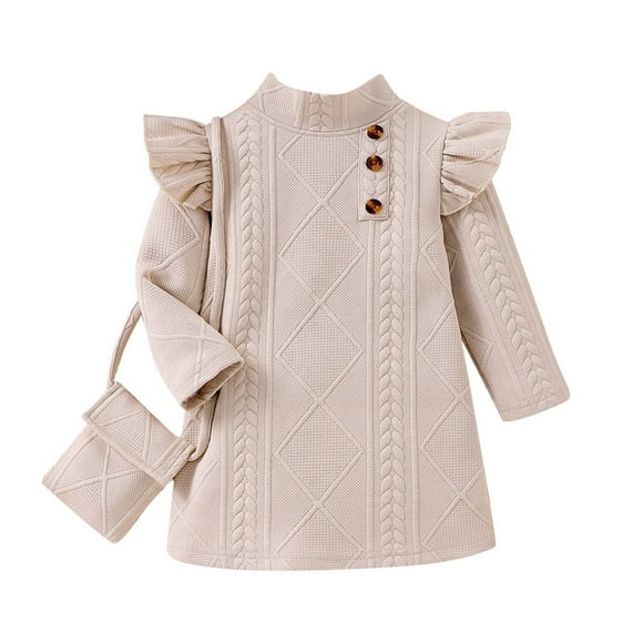 LUOGENLI Dress Girls Sweater Dresses Long Sleeve Ribbed Knit Pulruffle Cozy Dress Kids Princess Dress 2Pcs Dress for Girls Trendy Floral Beige 9-12 Months