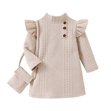

WUXIAN Toddler Girls Sweater Dresses Long Sleeve Ribbed Knit Pullover Ruffle Cozy Dress Kids Princess Dress 2PCS Infants Baby Sundress Children Versatile Dailywear