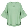 thumbnail image 5 of Stamzod Summer Tops for Women Solid Color Ruffle Cotton Linen Shirts Spring 3/4 Length Sleeve V-Neck Blouses for Women Green M, 5 of 5