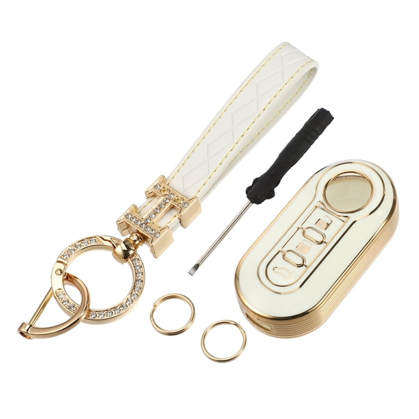 Kit de funda para llave compatible con Fiat 500 500C, 3 botones, borde dorado, moderno, suave, TPU, blanco, mando a distancia, sin llave, inteligente, con llavero